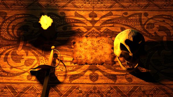 Skull with burning candle, pirate map, and sword - Photo, Image