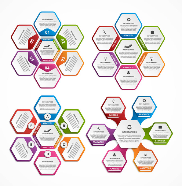 Collection of colorful hexagon for infographics. Design elements. Infographics for business presentations or information banner. - Вектор,изображение