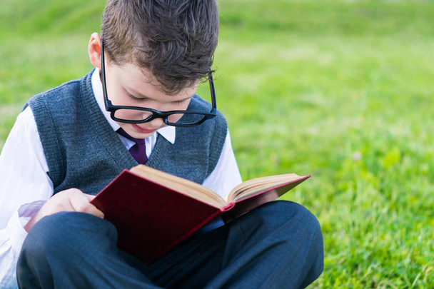 Pupil of the school, sitting on the lawn wearing glasses, and without distraction reading a book - Foto, afbeelding