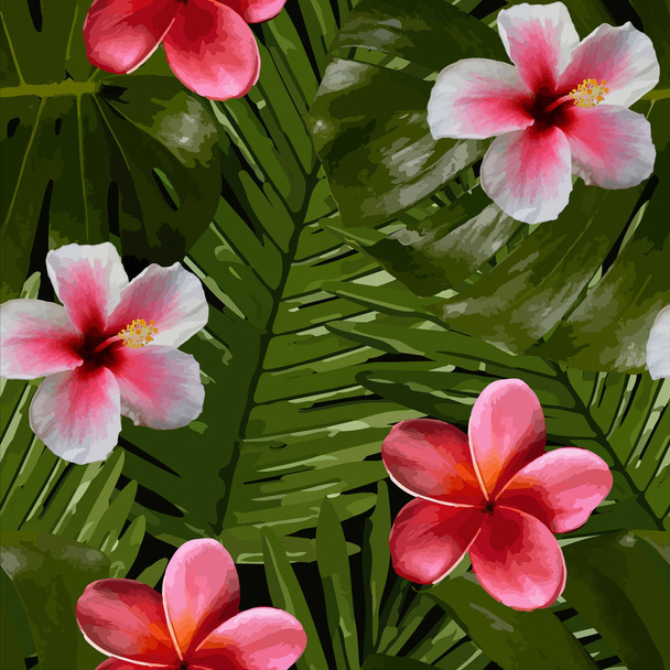 エキゾチックな背景、ピンクの花、葉、シームレスなパターン - ベクター画像