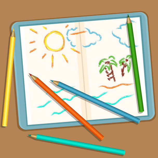 Lápis e caderno com desenhos coloridos
  - Vetor, Imagem