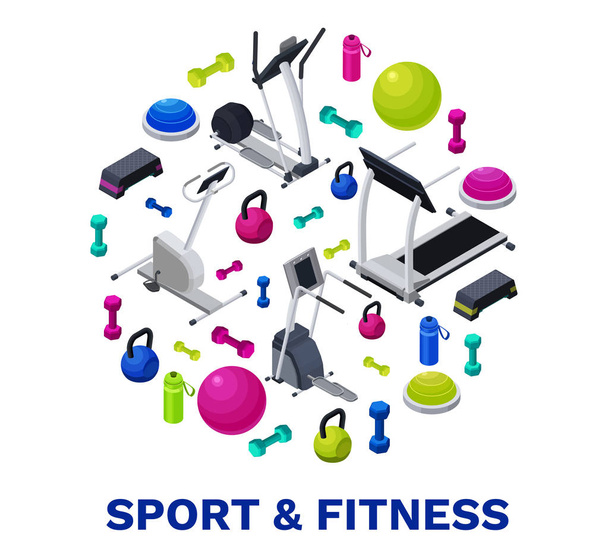 isometrisches Fitness-Poster mit Vektor-Symbolen von Sportgeräten, buntem Hintergrund mit Hanteln, Plattformen, Bosu-Ball oder Halbball, Flasche, Set Workout-Accessoires, Vorlage für Flyer, Banner - Vektor, Bild