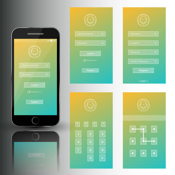 Nice mobile phone set of security frames. Template with login, registration, passcode and swipe screens. - Vektör, Görsel