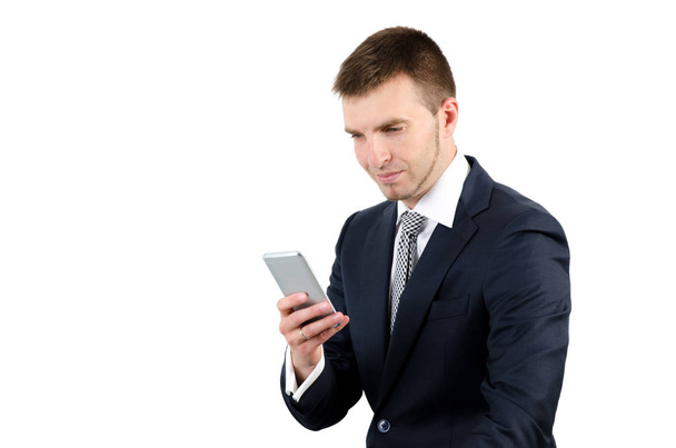 Man using smart phone on white background - Photo, image