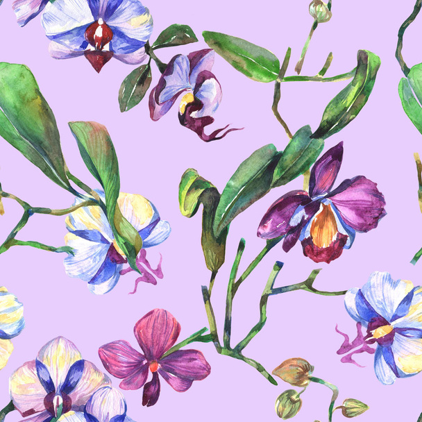 Wildblumen-Orchideen-Blumenmuster im Aquarell-Stil. - Foto, Bild