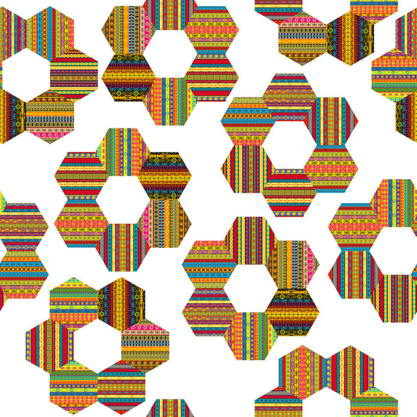 Etnikai motívumok patchwork mintával készült hatszögletű p virágok - Fotó, kép