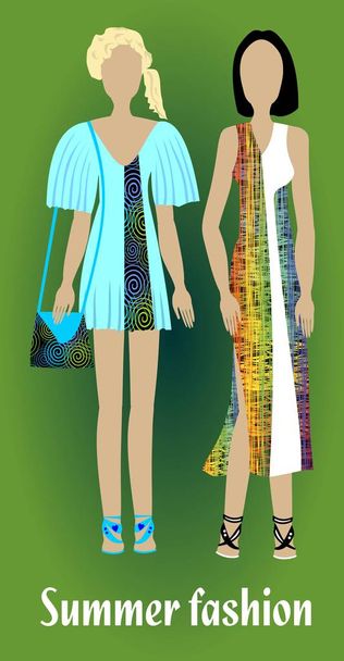 Youth summer fashion, girl silhouettes in modern colorful clothes, fashion design - Vector, Image