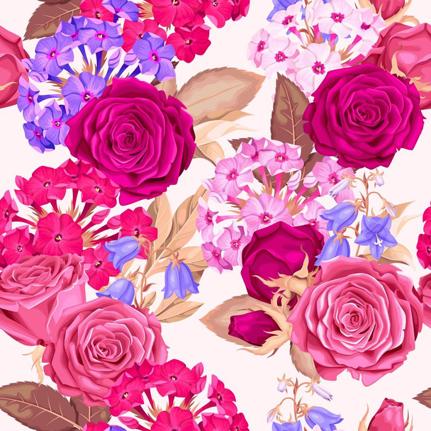 Varrat nélküli mintát, phloxes és rózsák - Vektor, kép