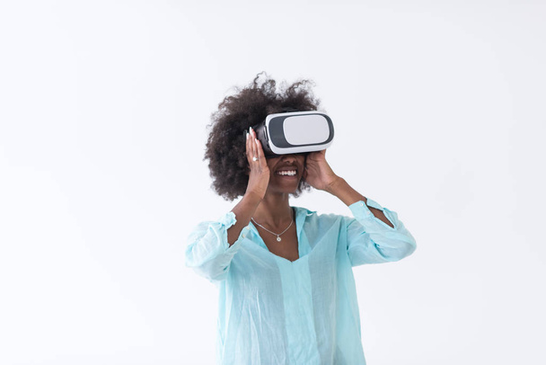 black girl using VR headset glasses of virtual reality - Photo, Image
