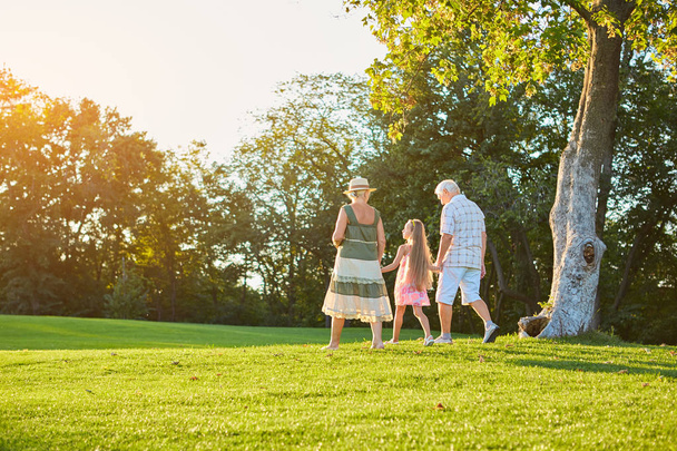 nagyszülők és unokák sétálnak a szabadban. - Fotó, kép