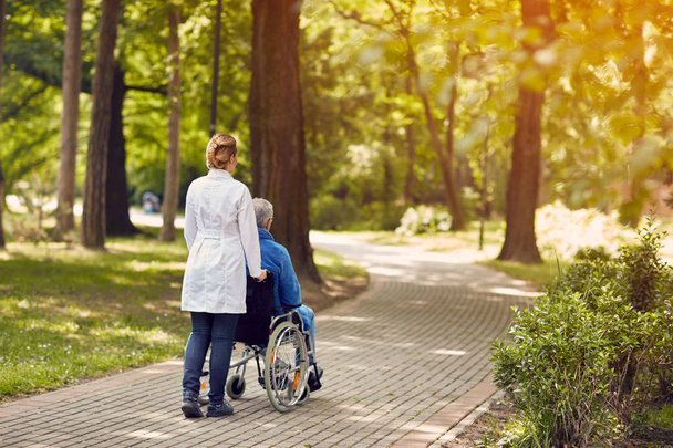 nurse helping elderly man on wheelchair outdoor - Φωτογραφία, εικόνα