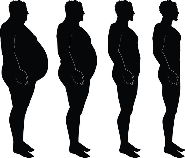 Mannen silhouet afvallen, van fat in dunne slanke pasvorm - Vector, afbeelding