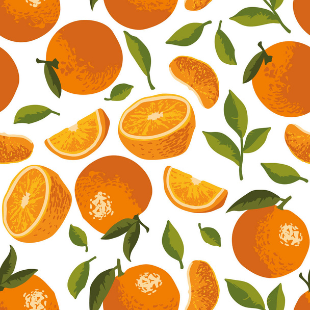 Vector summer pattern with oranges, flowers and leaves. Seamless texture design. - Vector, Image