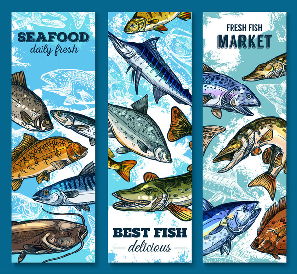 Friss tenger gyümölcsei és hal piac vázlat banner készlet - Vektor, kép