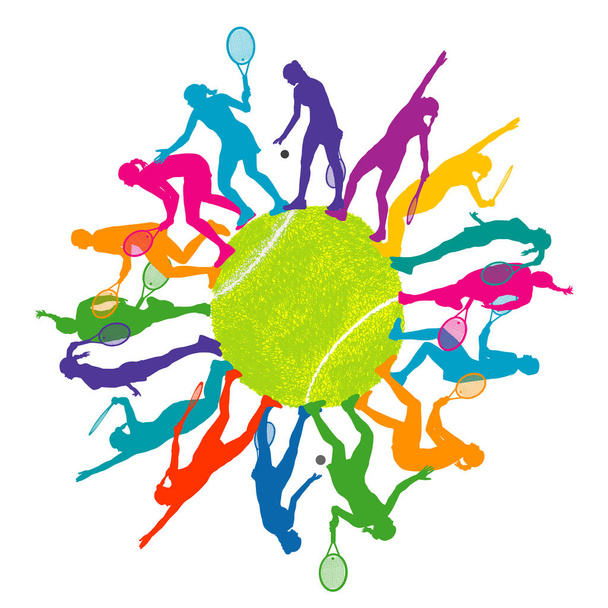 Colorido concepto de tenis con siluetas de mujer jugando al tenis
 - Vector, Imagen