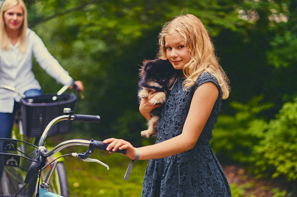Fille blonde tient un chien Spitz
 - Photo, image