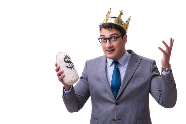 Koning zakenman die geld tas geïsoleerd op witte achtergrond - Foto, afbeelding