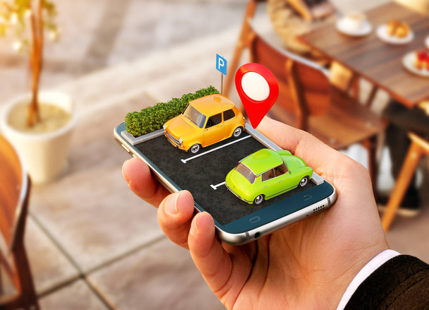 Smartphone application for online searching free parking place on the map. GPS Navigation. Parking concept - 写真・画像