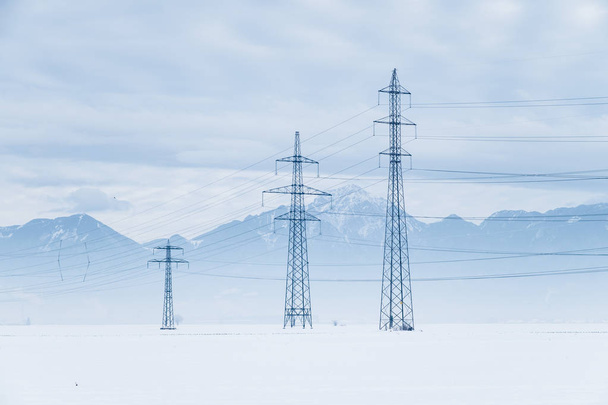 Электрические столбы на снежном поле
 - Фото, изображение