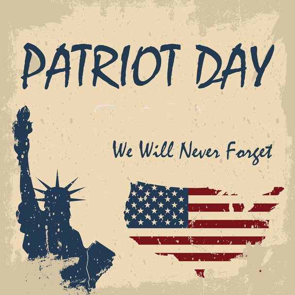 Δεν θα ξεχάσουμε ποτέ. 9/11 ημέρα πατριωτών φόντο, φόντο ρίγες αμερικανική σημαία. Πατριώτης ημέρα 11 Σεπτεμβρίου 2001 αφίσα πρότυπο - Διάνυσμα, εικόνα