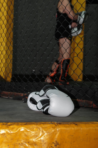 Guantes de boxeo de cuero blanco en el piso dentro de la jaula MMA
 - Foto, imagen