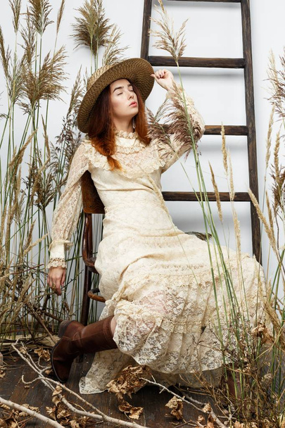 young woman in vintage style dress  - Fotoğraf, Görsel
