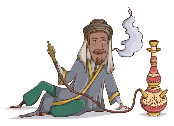 Araber rauchen Wasserpfeife. Zeichentrickfigur. Vektorillustration - Vektor, Bild