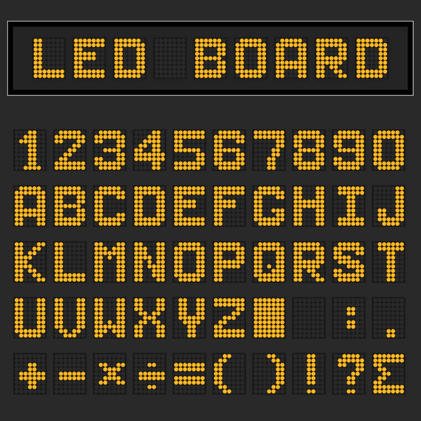 Orange LED digital english uppercase fonte, número e exibição de símbolos matemáticos no fundo preto
 - Vetor, Imagem