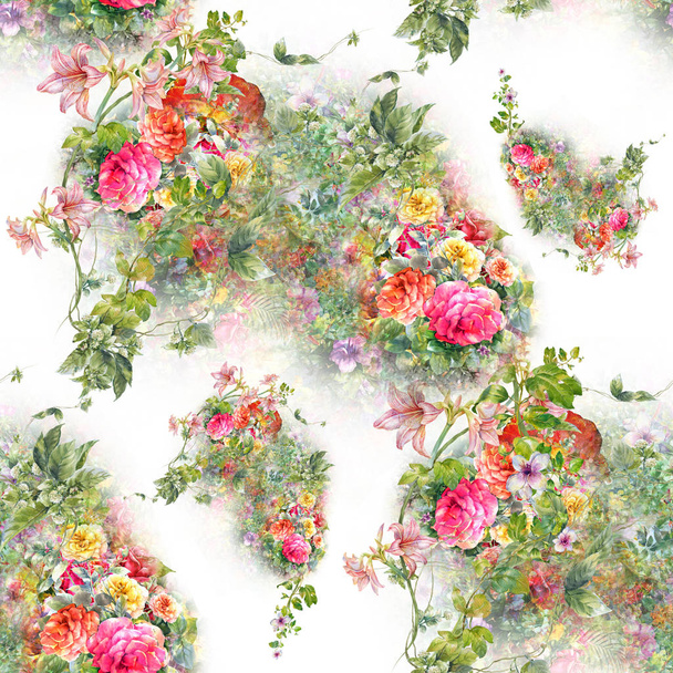 Watercolor painting of leaf and flowers, seamless pattern on white background. - Foto, afbeelding