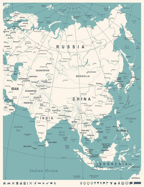 Asya Haritası - Vintage vektör çizim - Vektör, Görsel