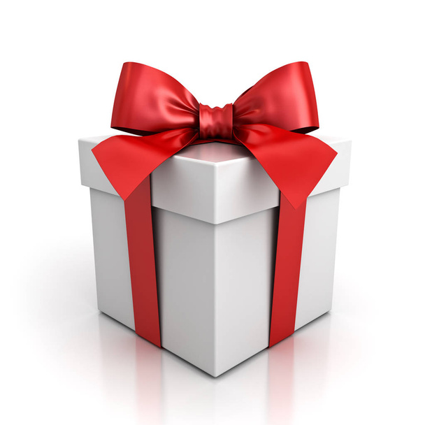 Caja regalo o caja regalo con lazo de cinta roja aislada sobre fondo blanco con sombra y reflejo. Renderizado 3D
 - Foto, Imagen