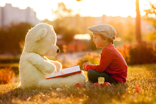 Adorable little boy with his teddy bear friend in the park on su - Фото, изображение