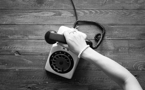 Vintage telephone, coffe, biscotti, phone call, sad woman, free  - Фото, зображення