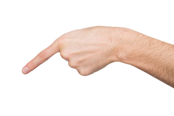 Mannenhand wijzen op object met wijsvinger geïsoleerd op wit - Foto, afbeelding
