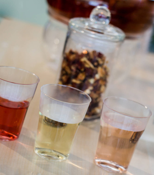 Tisana prodotta in teiera di vetro e pianta di tè in bicchieri
 - Foto, immagini
