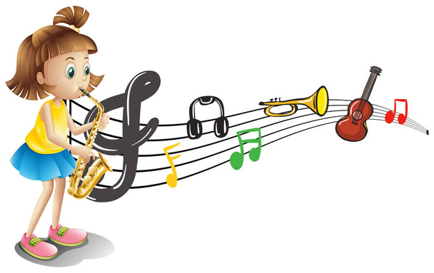 Mädchen spielt Saxofon mit Noten im Hintergrund - Vektor, Bild
