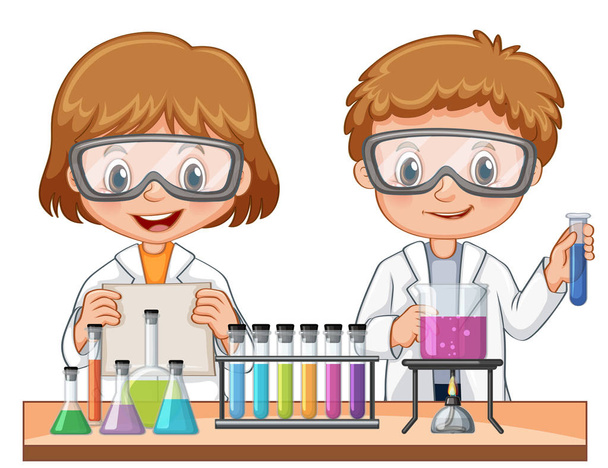女の子と男の子の科学実験を行う - ベクター画像