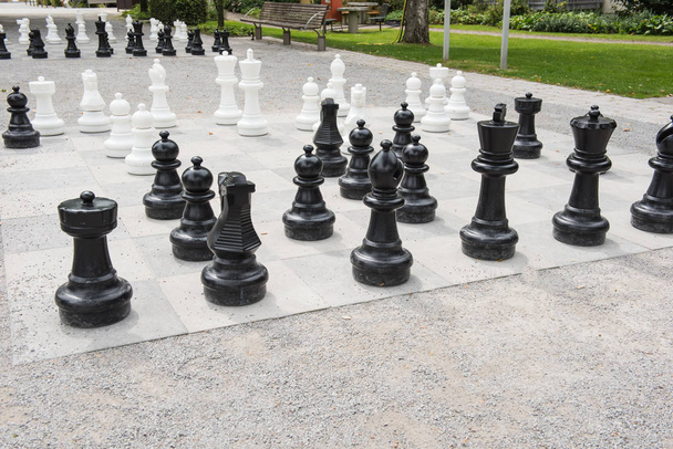Шахматные фигуры на игровом поле с начальной частью
 - Фото, изображение