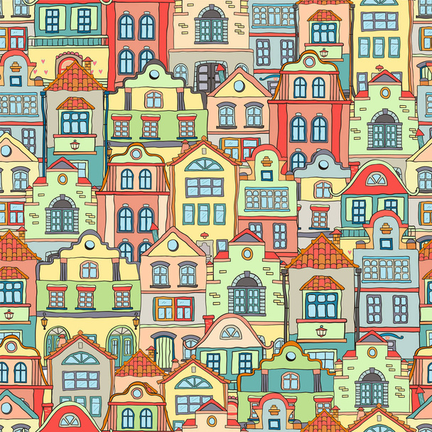 Seamless pattern with doodles colored scandinavian houses . Vect - Vektori, kuva