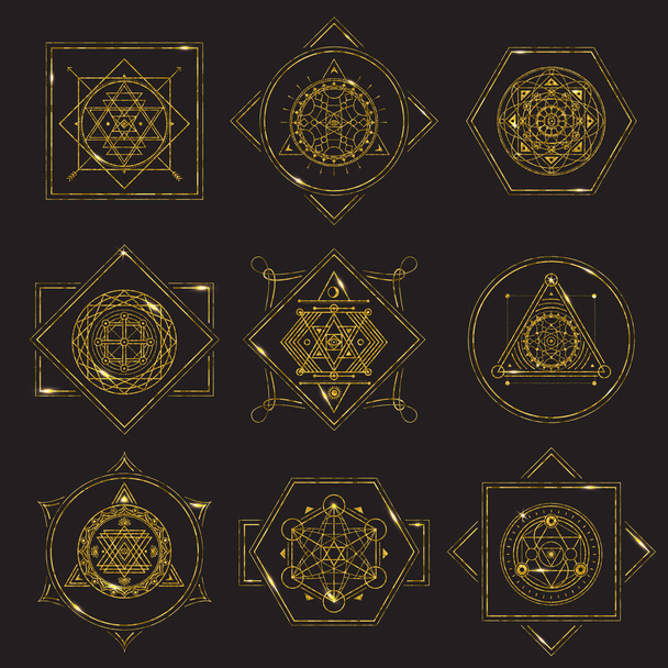 Sacred Geometry Forms golden frame on black background with metal highlights - Vector, afbeelding
