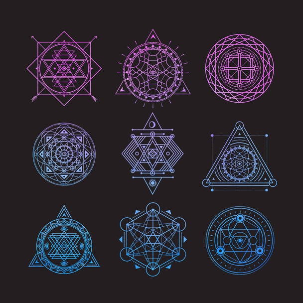 Set of bright vector sacred symbols on black background - Vector, Image