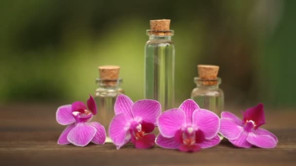 Esencia de flores de orquídea en la mesa en un hermoso frasco de vidrio
 - Imágenes, Vídeo