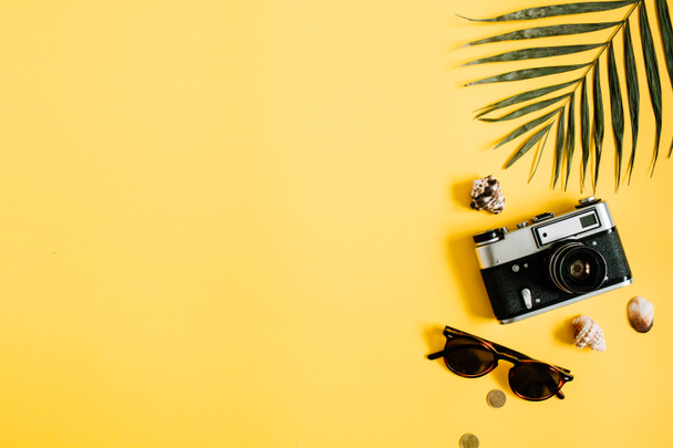 traveler accessories on yellow background - Photo, Image