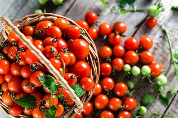 Basket of tomatoes called cherry tomato on wooden background, fresh produce on the kitchen table, top view - Fotoğraf, Görsel