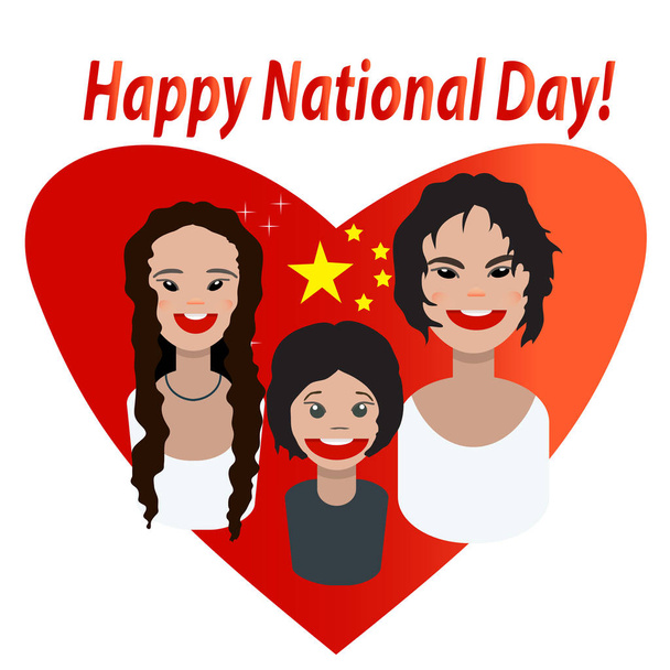 Família chinesa sorridente no fundo do coração vermelho. Vetor char plana
 - Vetor, Imagem