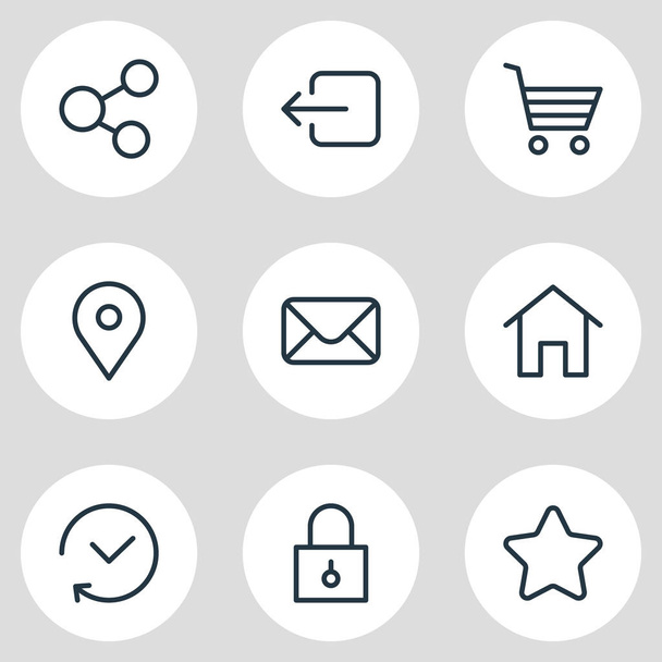 Ilustracja wektorowa 9 ikon aplikacji. Edytowalne opakowanie po zakupy, ZAMKNIĘTA, Ocena i innych elementów. - Wektor, obraz