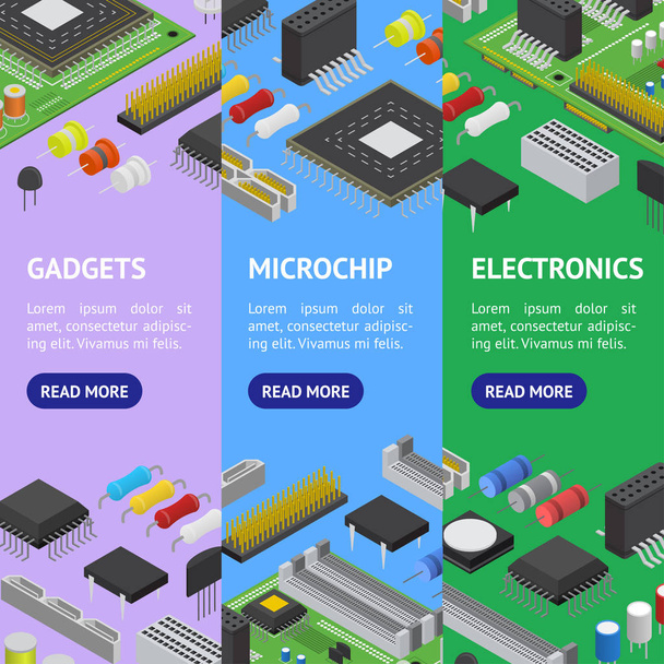 Computer Electronic Circuit Board Component Banner Vecrtical Set Isometric View. Vector - Wektor, obraz