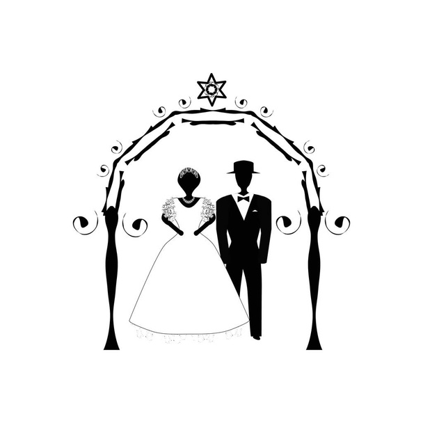 Vintage Graphic Chuppah. Arco para una boda judía religiosa. La novia y el novio bajo un dosel. Ilustración vectorial sobre fondo aislado
. - Vector, Imagen