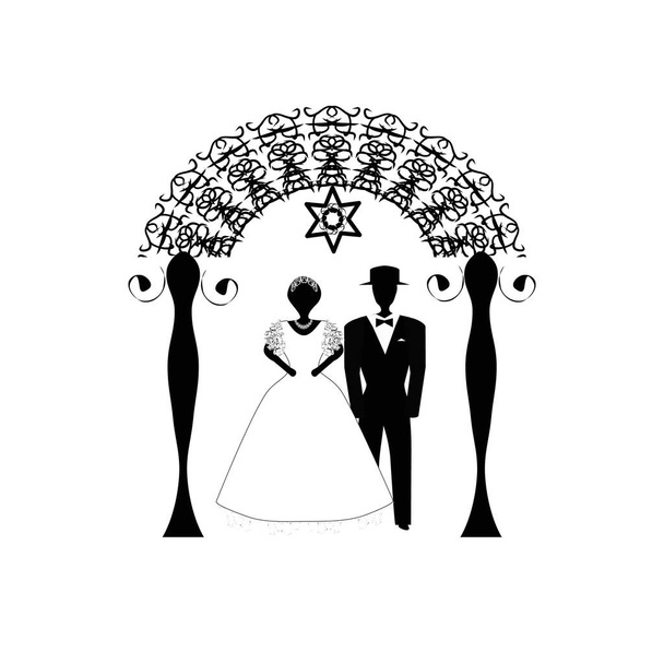 Vintage grafikus Chuppah. A vallásos zsidó zsidó esküvő ív. A menyasszony és a vőlegény a lombkorona. Elszigetelt háttér vektor illusztráció. - Vektor, kép