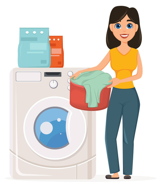 Huisvrouw wast kleren in de wasmachine. Mooie vrouw ken - Vector, afbeelding